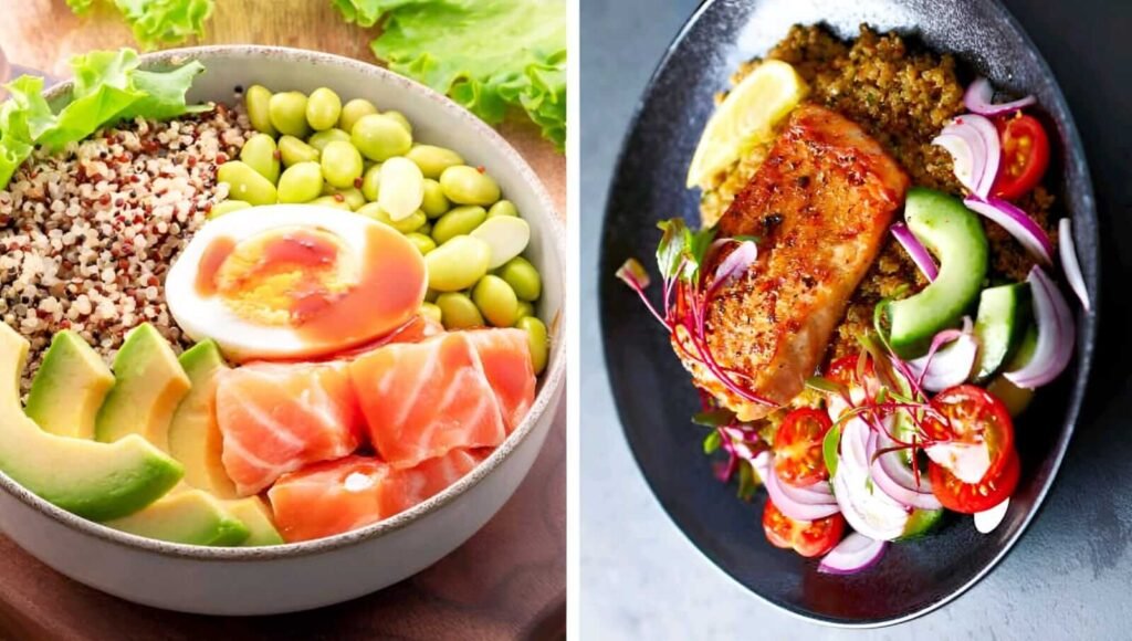 Salmon and quinoa high protein dinner bowl
