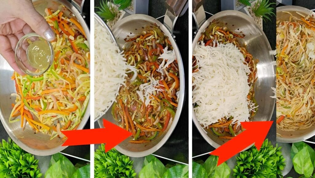 Vermicelli Noodles Recipe: A Complete Guide to Perfect Flavour, Texture & Nutrition 7 Mixing vermicelli noodles with vegetables and soy sauce in a wok.