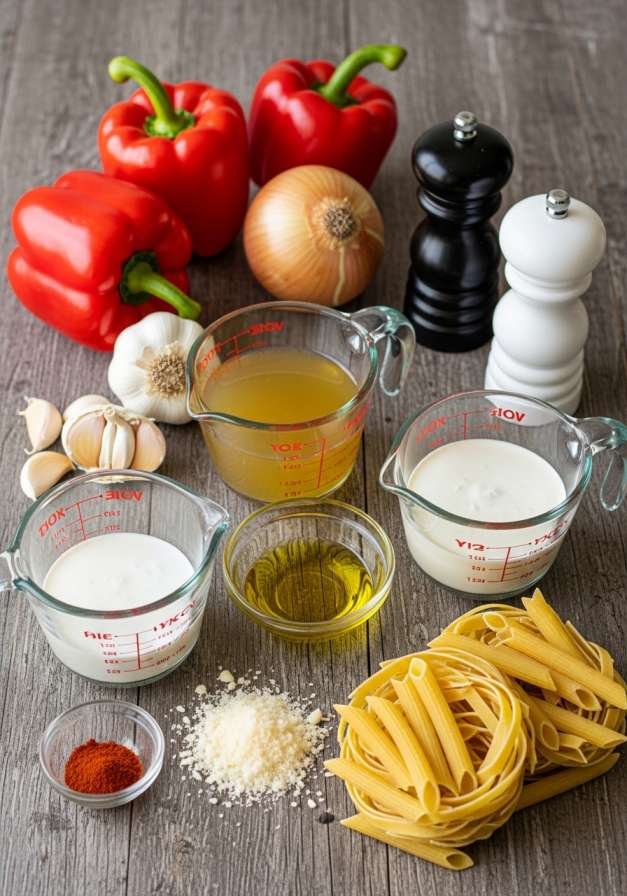 Red Pepper Pasta Recipe (Creamy, Flavor-Packed & Foolproof) 3 Red Pepper Pasta Recipe ingredients.
