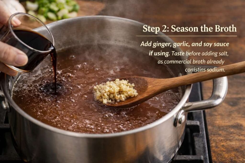 Adding ginger, garlic, and soy sauce to beef broth for egg drop soup