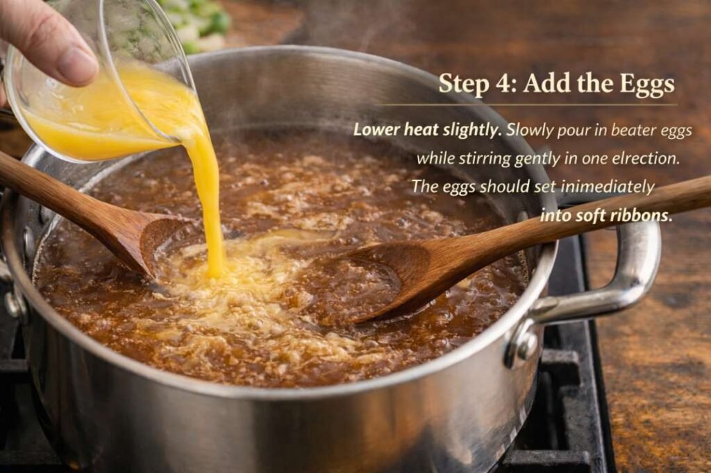 Pouring beaten eggs into hot beef broth to form egg ribbons in soup