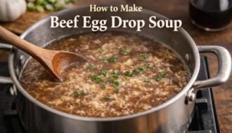 Bowl of beef egg drop soup with soft egg ribbons and green onions served hot