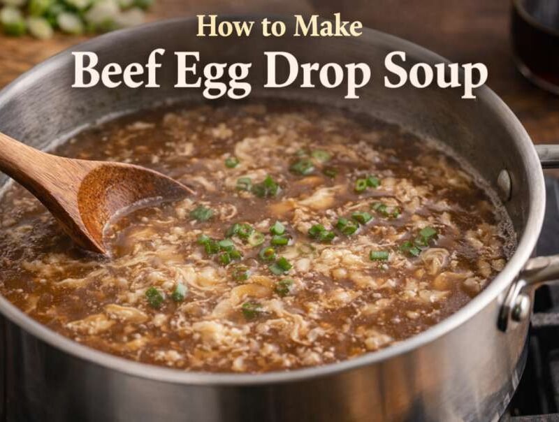 Beef Egg Drop Soup (My Go-To Comfort Bowl) 3 Bowl of beef egg drop soup with soft egg ribbons and green onions served hot