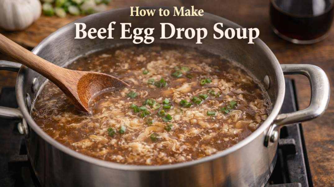 Bowl of beef egg drop soup with soft egg ribbons and green onions served hot