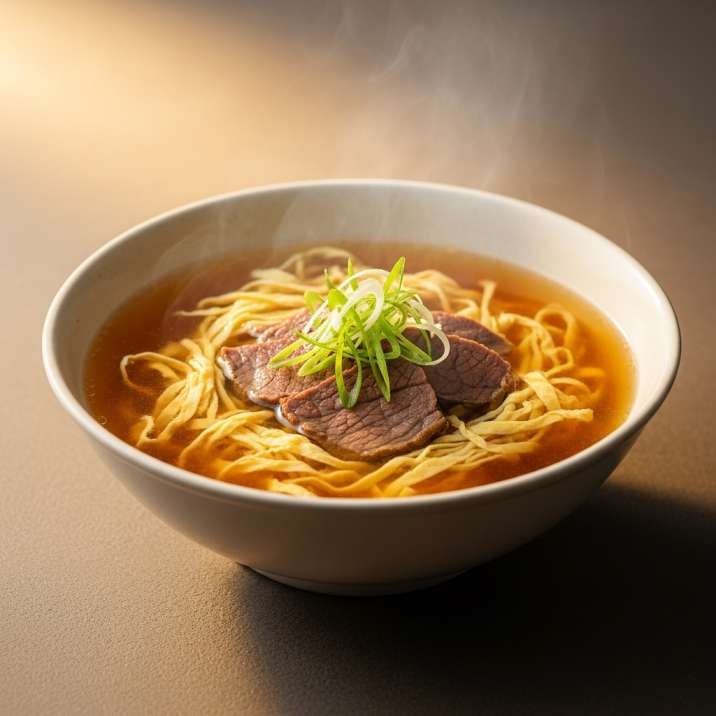 Bowl of steaming beef noodle soup