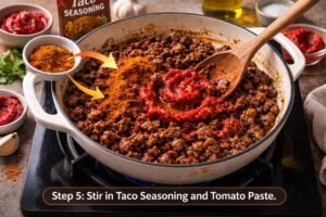 One-Pot Taco Rice with Ground Beef (My Go-To Weeknight Comfort Dinner) 9 Stir taco seasoning and tomato paste into browned ground beef
