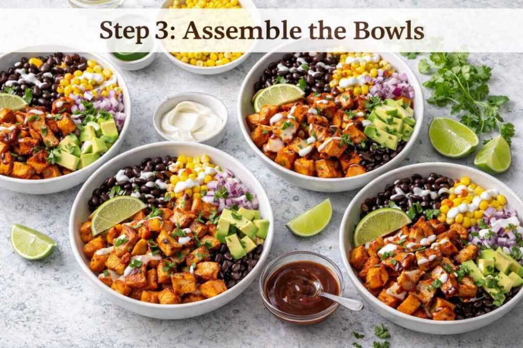 BBQ Chicken Sweet Potato Bowl Recipe (Easy & Healthy Meal Bowl) 5 BBQ chicken sweet potato bowls with avocado and beans
