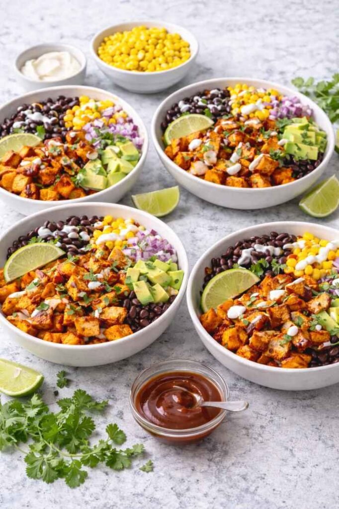 BBQ Chicken Sweet Potato Bowl Recipe (Easy & Healthy Meal Bowl) 2 BBQ chicken sweet potato bowl recipe with avocado beans and lime