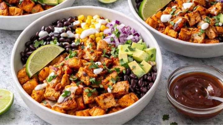 BBQ chicken sweet potato bowls with corn black beans and cilantro