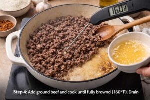 One-Pot Taco Rice with Ground Beef (My Go-To Weeknight Comfort Dinner) 8 Cook ground beef until fully browned and reaches 160°F