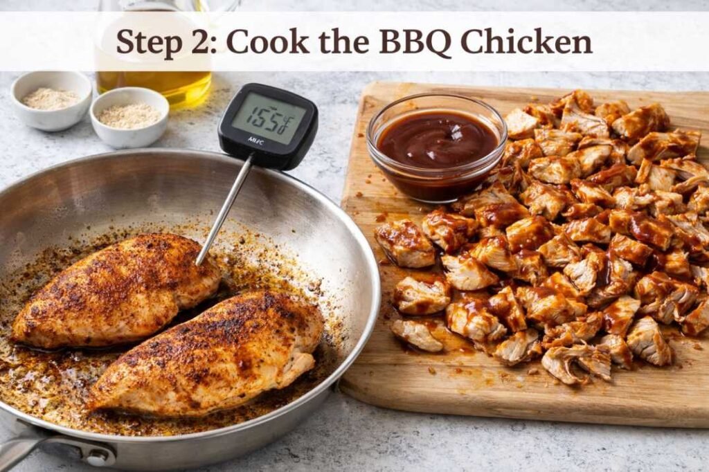 BBQ Chicken Sweet Potato Bowl Recipe (Easy & Healthy Meal Bowl) 4 BBQ chicken cooking in a skillet with thermometer