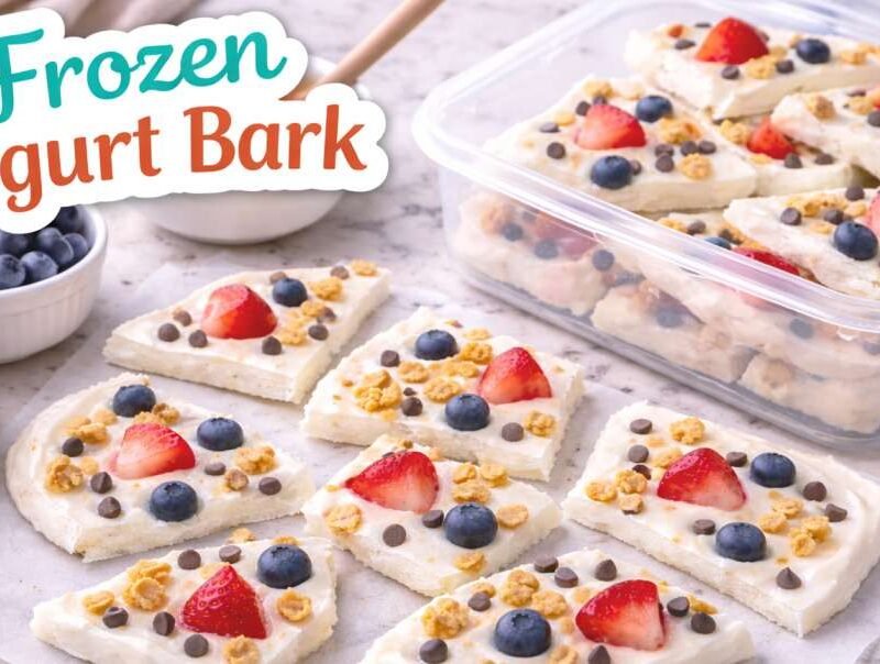 Frozen yogurt bark made with Greek yogurt, strawberries, blueberries, granola, and chocolate chips