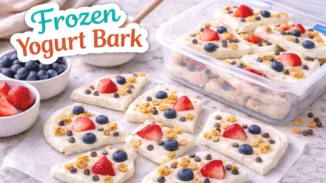 Frozen yogurt bark made with Greek yogurt, strawberries, blueberries, granola, and chocolate chips