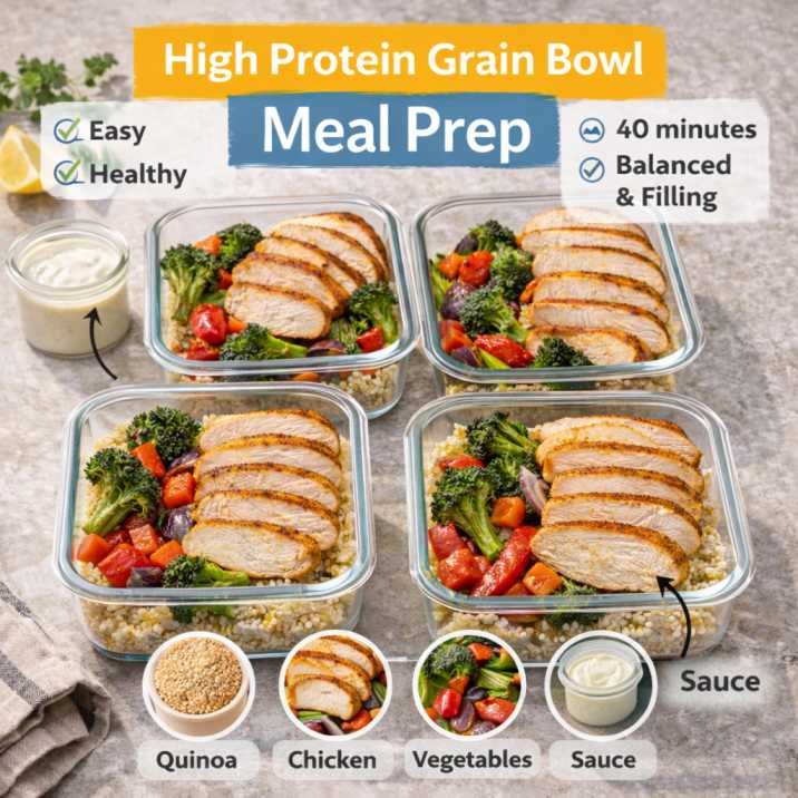 High-Protein Grain Bowl Meal Prep Recipes You Can Make in Under 40 Minutes 8 High protein grain bowl meal prep with quinoa, roasted vegetables, sliced chicken, and yogurt sauce in glass containers