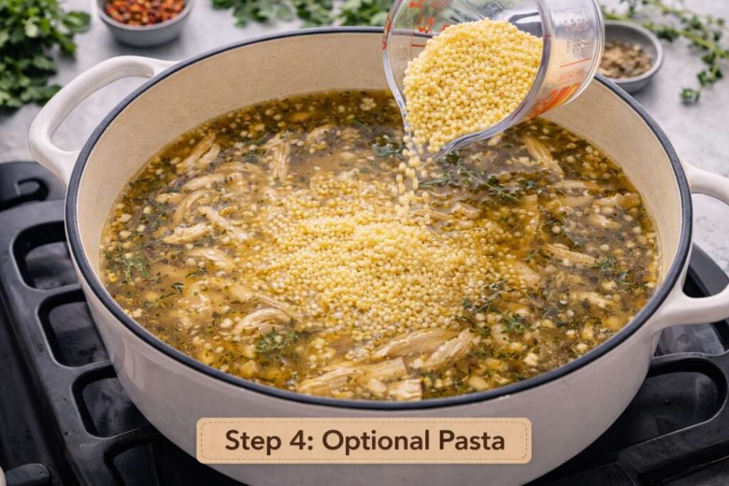 Italian Penicillin Soup (My Go-To Comfort Bowl) 7 Small pasta added to Italian penicillin soup while simmering