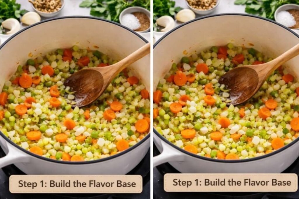 Italian Penicillin Soup (My Go-To Comfort Bowl) 4 Sautéing onion, carrot, and celery in olive oil for Italian penicillin soup