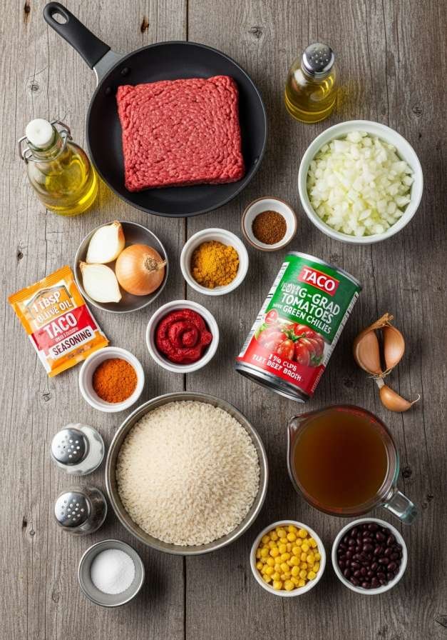 One-Pot Taco Rice with Ground Beef (My Go-To Weeknight Comfort Dinner) 3 Ingredients for one-pot taco rice with ground beef, including rice, onion, taco seasoning, diced tomatoes, and beef broth, arranged on a table