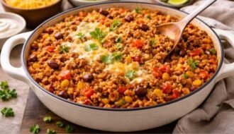 One-pot taco rice with ground beef, beans, corn, melted cheese, and fresh cilantro in a skillet