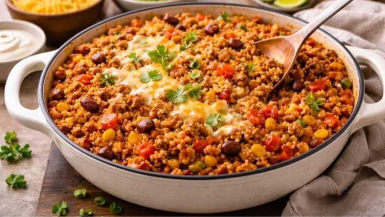One-pot taco rice with ground beef, beans, corn, melted cheese, and fresh cilantro in a skillet