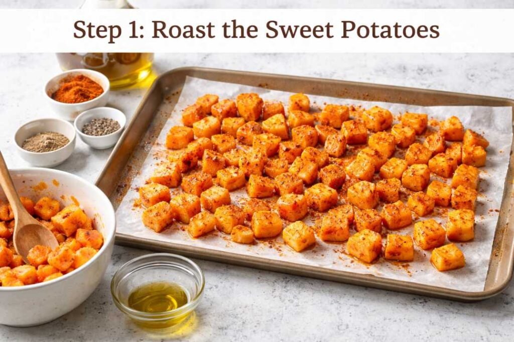 BBQ Chicken Sweet Potato Bowl Recipe (Easy & Healthy Meal Bowl) 3 Roasted sweet potatoes on a baking sheet for BBQ chicken bowl