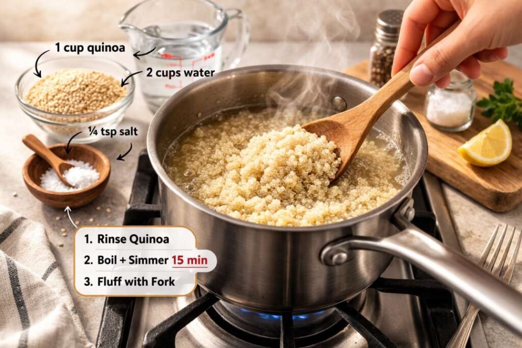 High-Protein Grain Bowl Meal Prep Recipes You Can Make in Under 40 Minutes 3 Cooking quinoa in a saucepan on the stove until fluffy for grain bowl meal prep