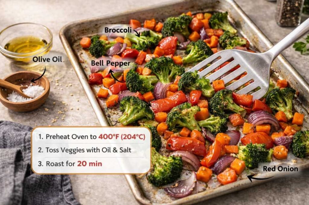 High-Protein Grain Bowl Meal Prep Recipes You Can Make in Under 40 Minutes 4 Roasted broccoli, bell peppers, carrots, and red onion on a baking sheet for grain bowl recipe