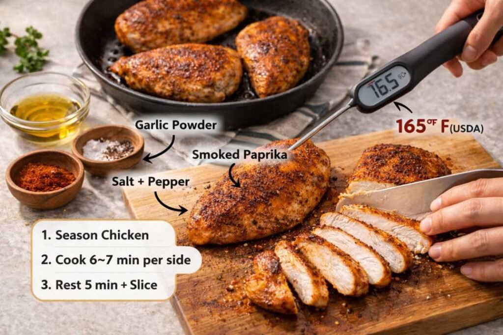 High-Protein Grain Bowl Meal Prep Recipes You Can Make in Under 40 Minutes 5 Sliced seasoned chicken breast cooked in a skillet for high protein grain bowl