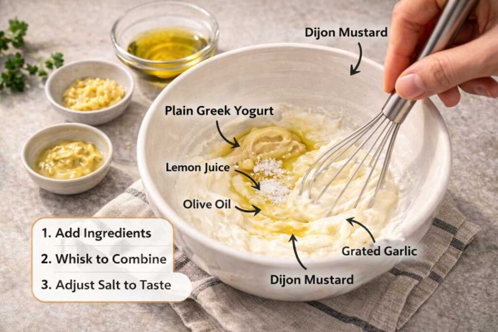 High-Protein Grain Bowl Meal Prep Recipes You Can Make in Under 40 Minutes 6 Whisking yogurt, lemon juice, olive oil, Dijon mustard, and garlic in a bowl for a grain bowl sauce