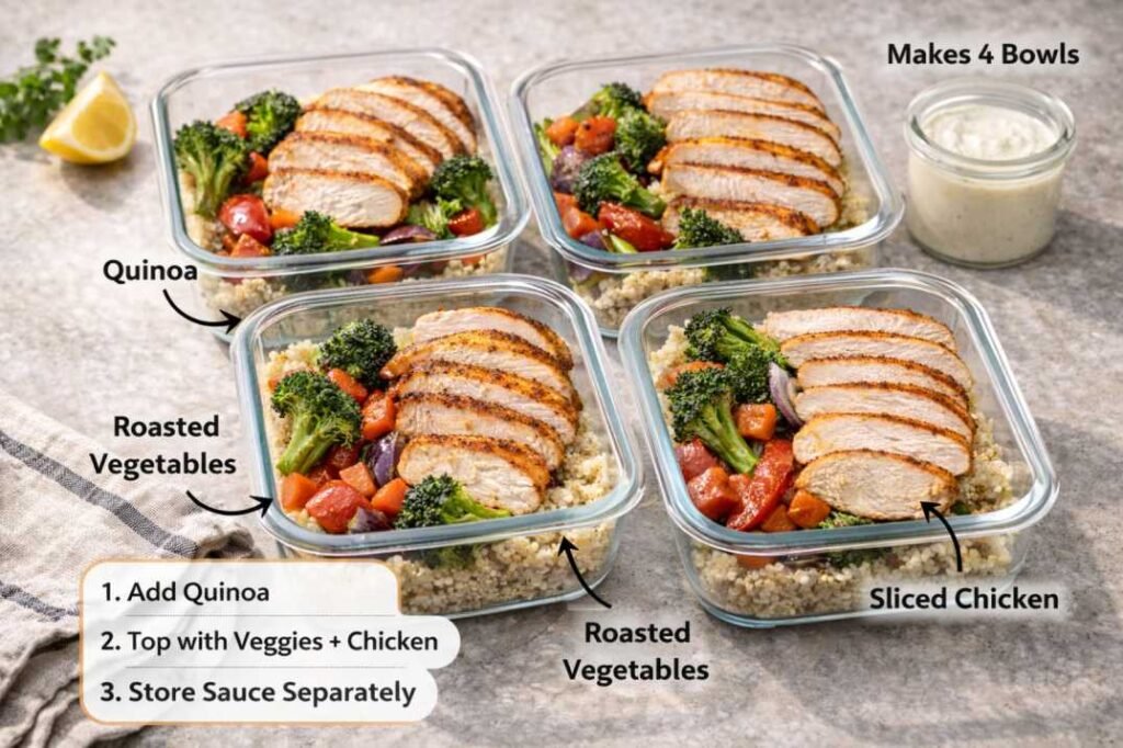 High-Protein Grain Bowl Meal Prep Recipes You Can Make in Under 40 Minutes 7 Assembled high-protein grain bowls with quinoa, roasted vegetables, and sliced chicken in meal prep containers