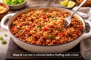 One-Pot Taco Rice with Ground Beef (My Go-To Weeknight Comfort Dinner) 11 step 8 fluff taco rice with fork.jpg