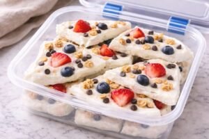 Frozen Yogurt Bark – My Favorite Healthy Freezer Treat 12 Frozen yogurt bark stored in an airtight container for freezer storage