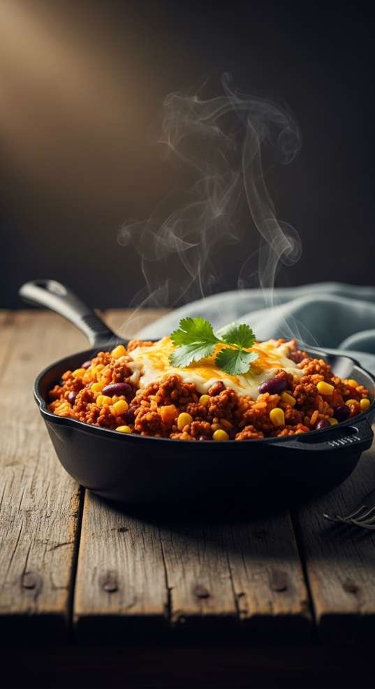 One-Pot Taco Rice with Ground Beef (My Go-To Weeknight Comfort Dinner) 2 Skillet taco rice with ground beef, beans, corn, and melted cheese, topped with fresh cilantro