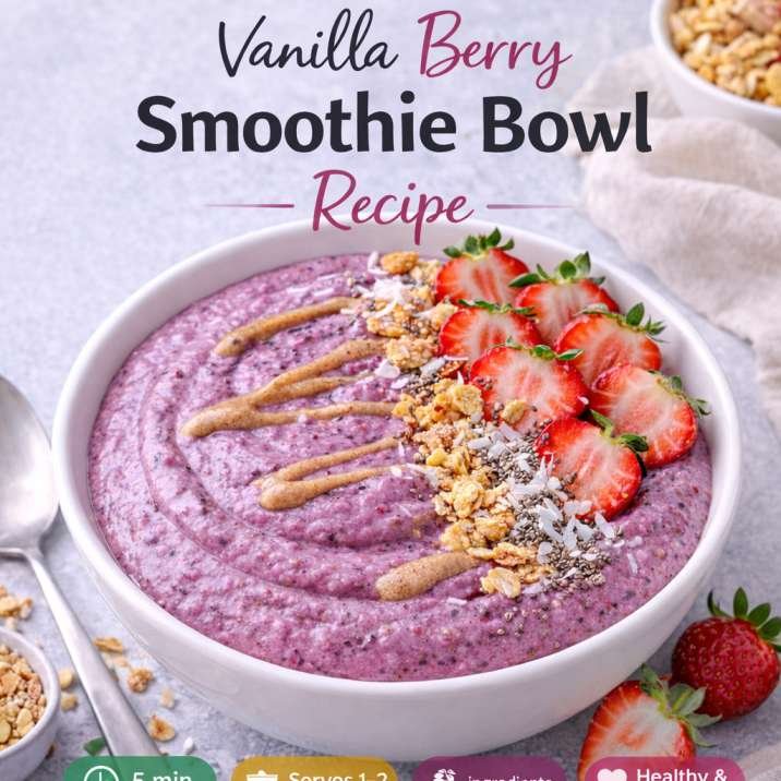 Best Vanilla Berry Smoothie Bowl Recipe for a Thick, Spoon able Texture 8 Creamy vanilla berry smoothie bowl with fresh strawberry topping