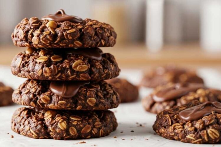4 Ingredient Chocolate Peanut Butter No Bake Cookies Recipe 1 4 ingredient chocolate peanut butter no bake cookies stacked with oats and chocolate