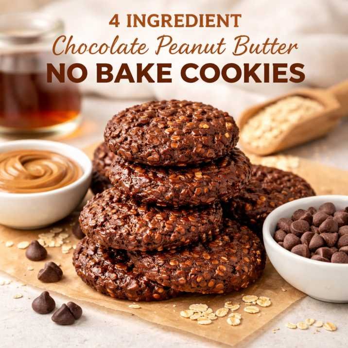 4 Ingredient Chocolate Peanut Butter No Bake Cookies Recipe 2 4 ingredient chocolate peanut butter no bake cookies with oats and chocolate chips stacked on parchment paper