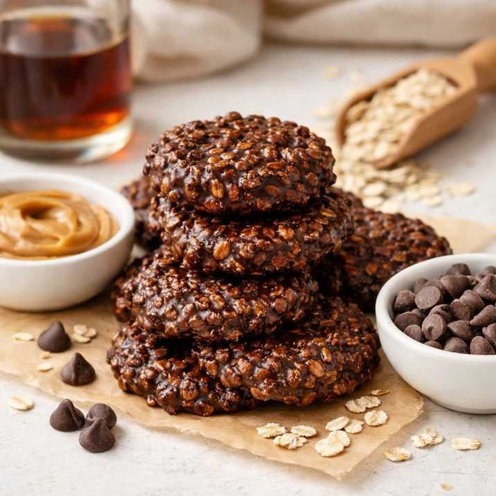 4 Ingredient Chocolate Peanut Butter No Bake Cookies Recipe 3 4 ingredient chocolate peanut butter no bake cookies stacked with oats and chocolate chips