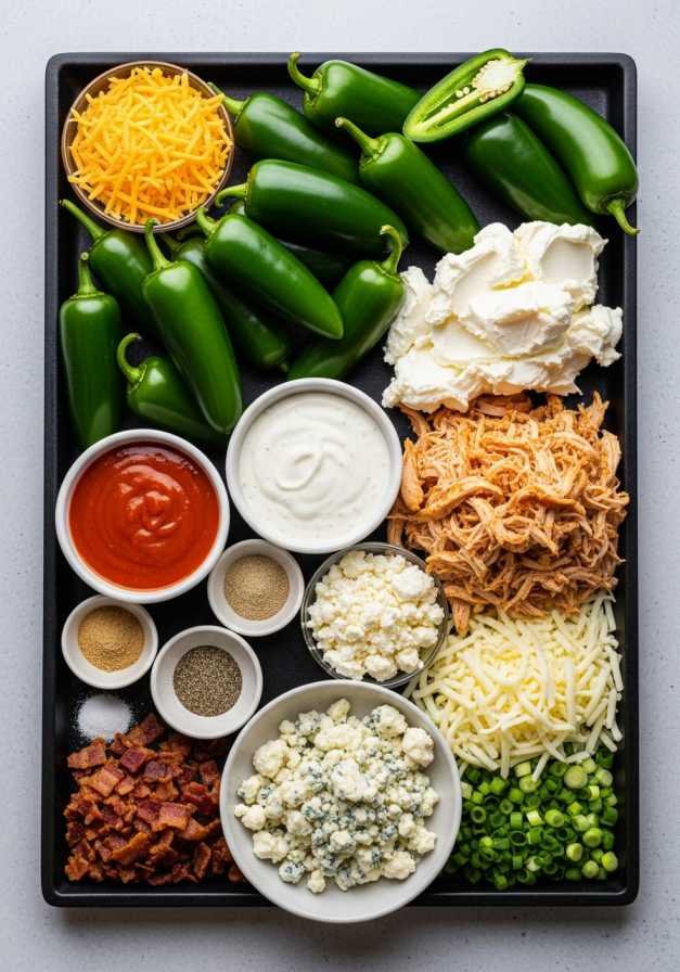 Double-Stuffed Buffalo Chicken Jalapeño Poppers Recipe ingredients.