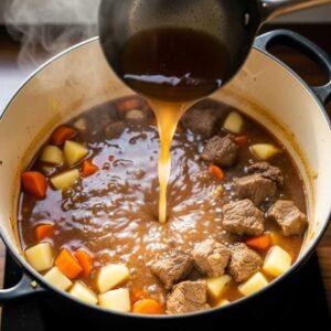 Mexican Soup with Ground Beef and Potatoes Recipe 15 Adding broth and potatoes to soup