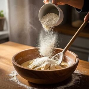 adding flour to cookie dough
