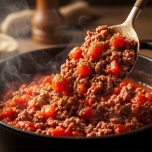 Mexican Soup with Ground Beef and Potatoes Recipe 14 Adding spices and tomatoes to beef