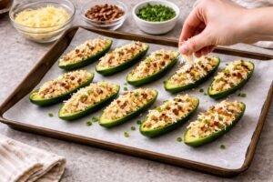 Buffalo chicken jalapeno poppers topped with cheese