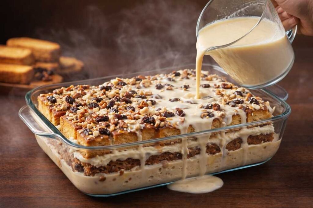 layering bread raisins nuts and syrup for capirotada