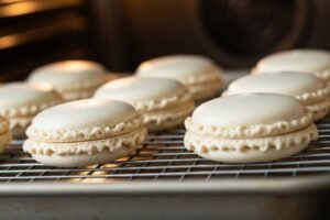 Vanilla Macaron with Chocolate Ganache Recipe 10 baked vanilla macaron shells with feet.jpg