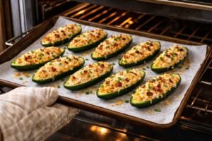 Buffalo chicken jalapeno poppers baking in oven