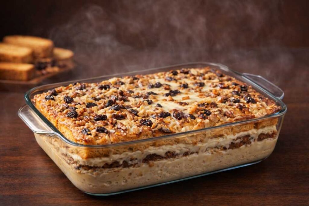 baked capirotada tres leches bread pudding in baking dish