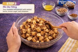 Cinnamon roll king cake baking in a bundt pan in the oven