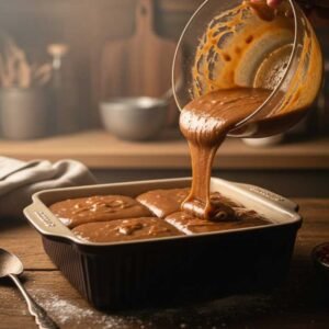 sticky toffee pudding batter in baking dish before baking