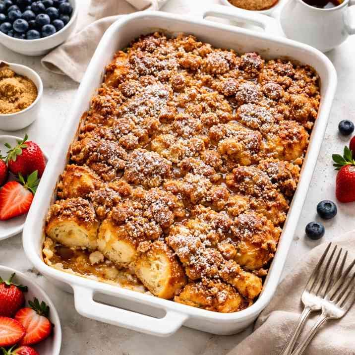 Barefoot Contessa baked French toast casserole with cinnamon crumble topping and fresh berries