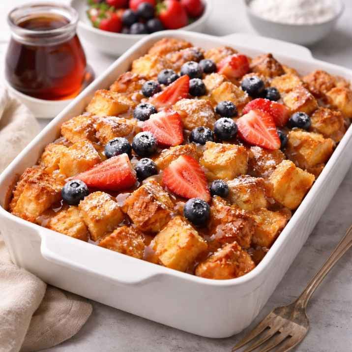 baked french toast casserole with berries and syrup