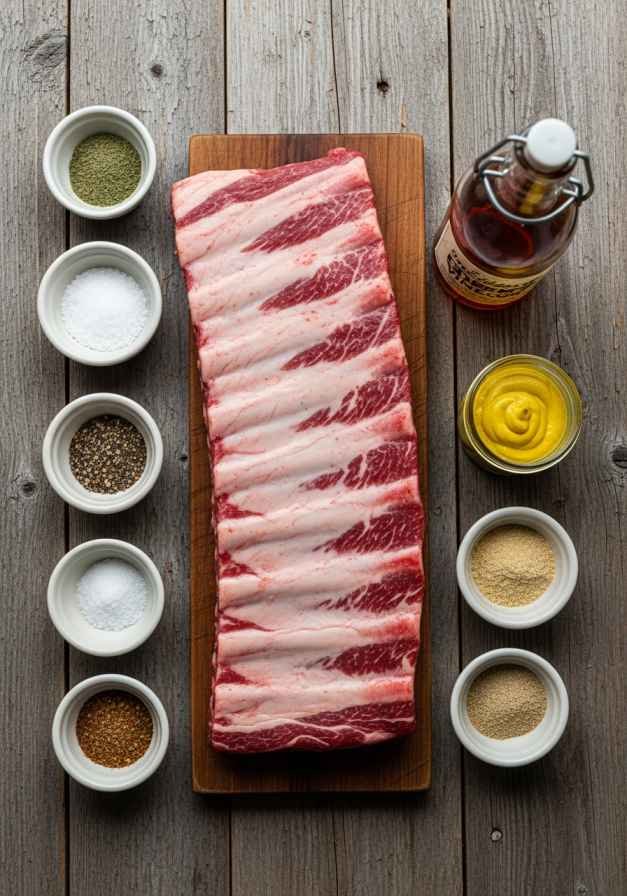 Ingredients for dino ribs recipe, including beef plate ribs, salt, pepper, garlic powder, mustard, and apple cider vinegar